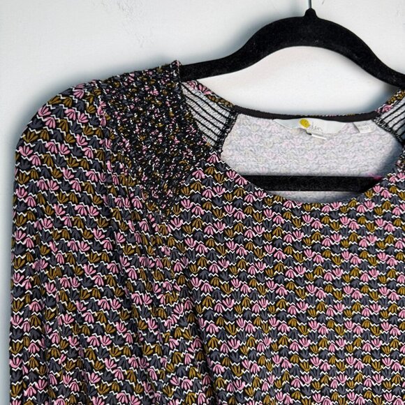 Boden Grace Smocked Jersey Long Sleeve Dress Black Water Lillies Size 12R - Picture 6 of 11